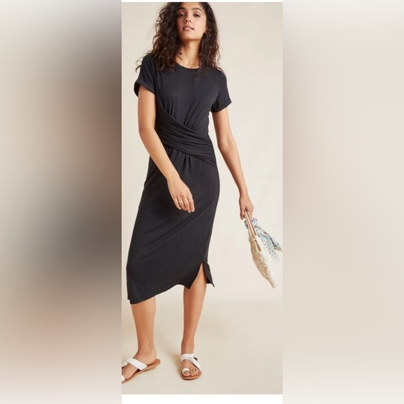 Anthropologie Draped Front Short Sleeve charcoal gray midi Dress large petite - Picture 1 of 5